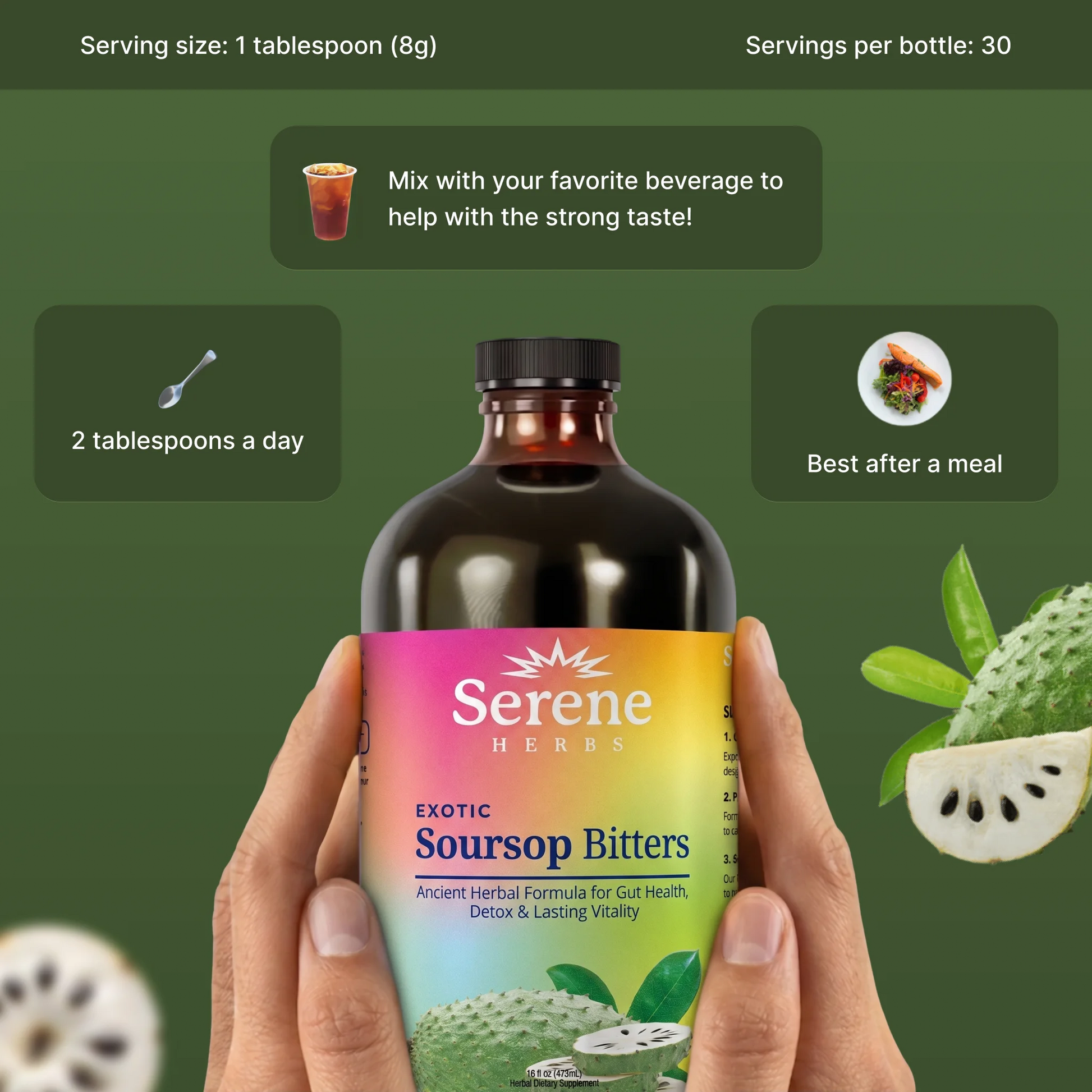 Serene Herbs Soursop Bitters Liquid with Soursop Leaves for Gut Cleanse, Detox & Immune Boost